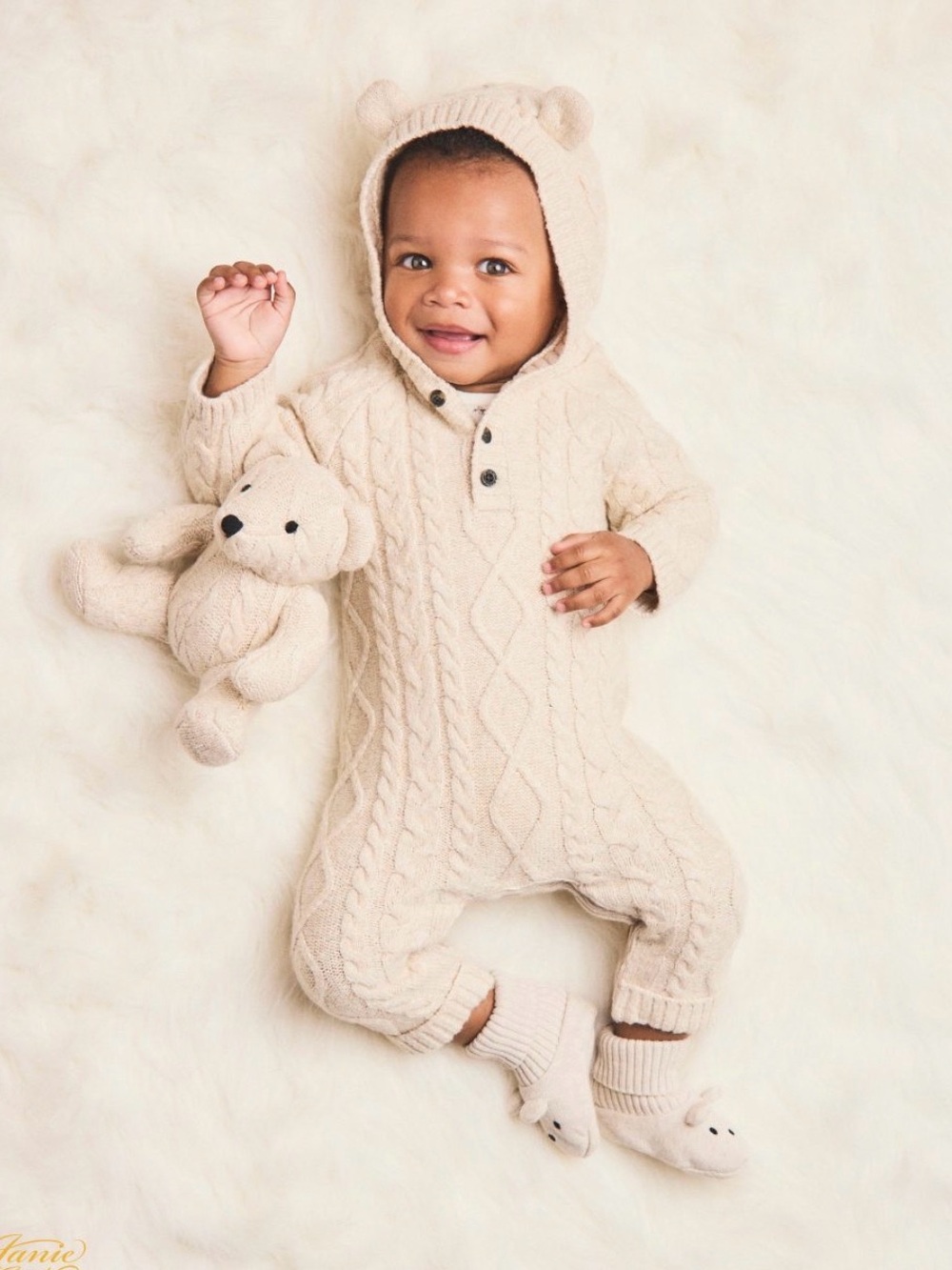 Janie and Jack Cream Cable-Knit Hooded One-Piece with Bear Ears